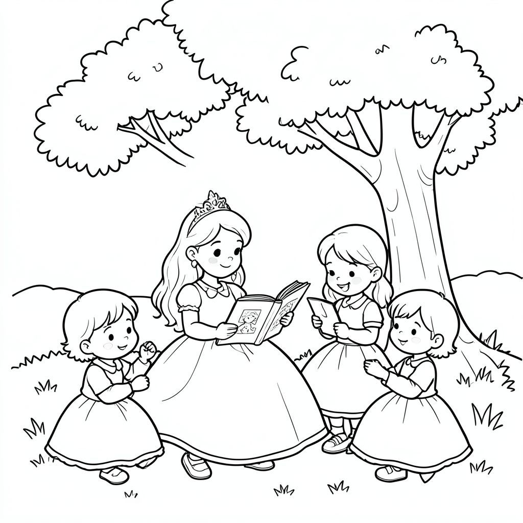 Princess reading a storybook under a tree with children.
