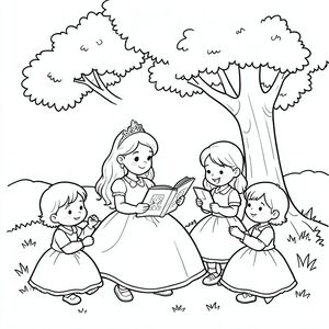 Princess reading a storybook under a tree with children.