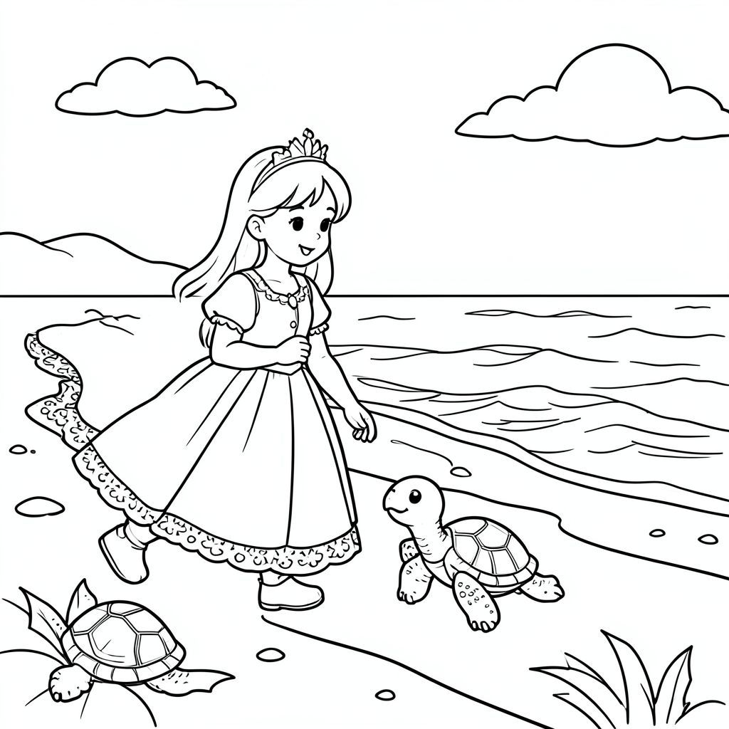 Princess protecting baby turtles walking toward the ocean.