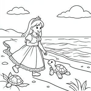Princess protecting baby turtles walking toward the ocean.
