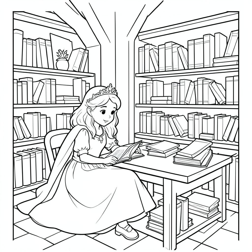 Princess studying with books in the castle library.