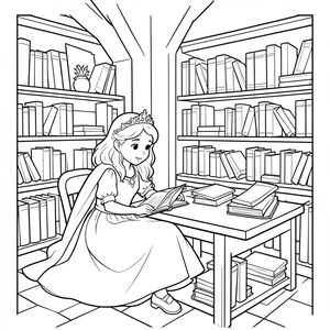Princess studying with books in the castle library.