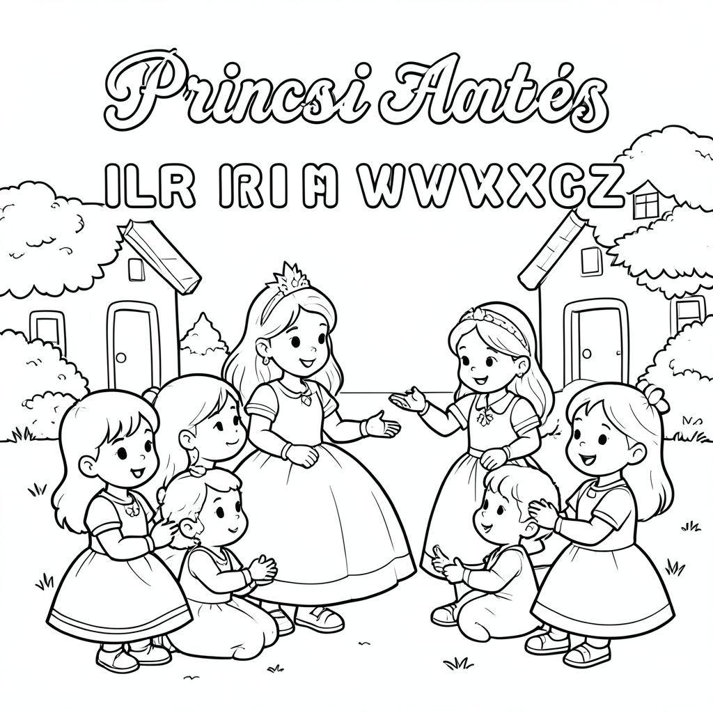 Princess teaching alphabet letters to village kids.