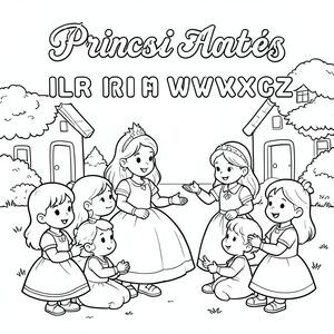 Princess teaching alphabet letters to village kids.