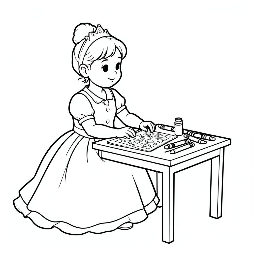 Princess drawing pictures with crayons at a small table.