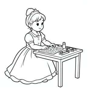 Princess drawing pictures with crayons at a small table.