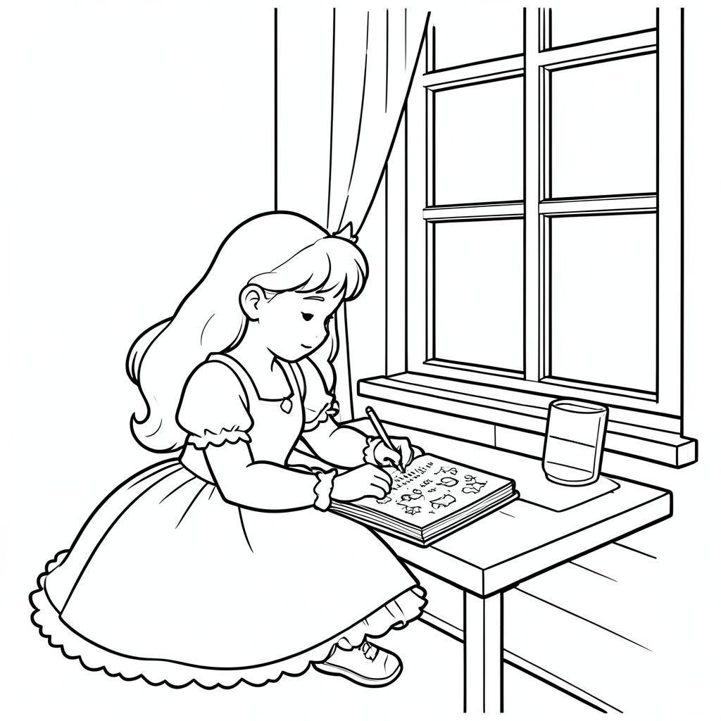 Princess writing in a diary beside a window.