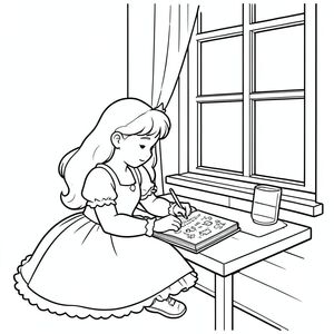 Princess writing in a diary beside a window.