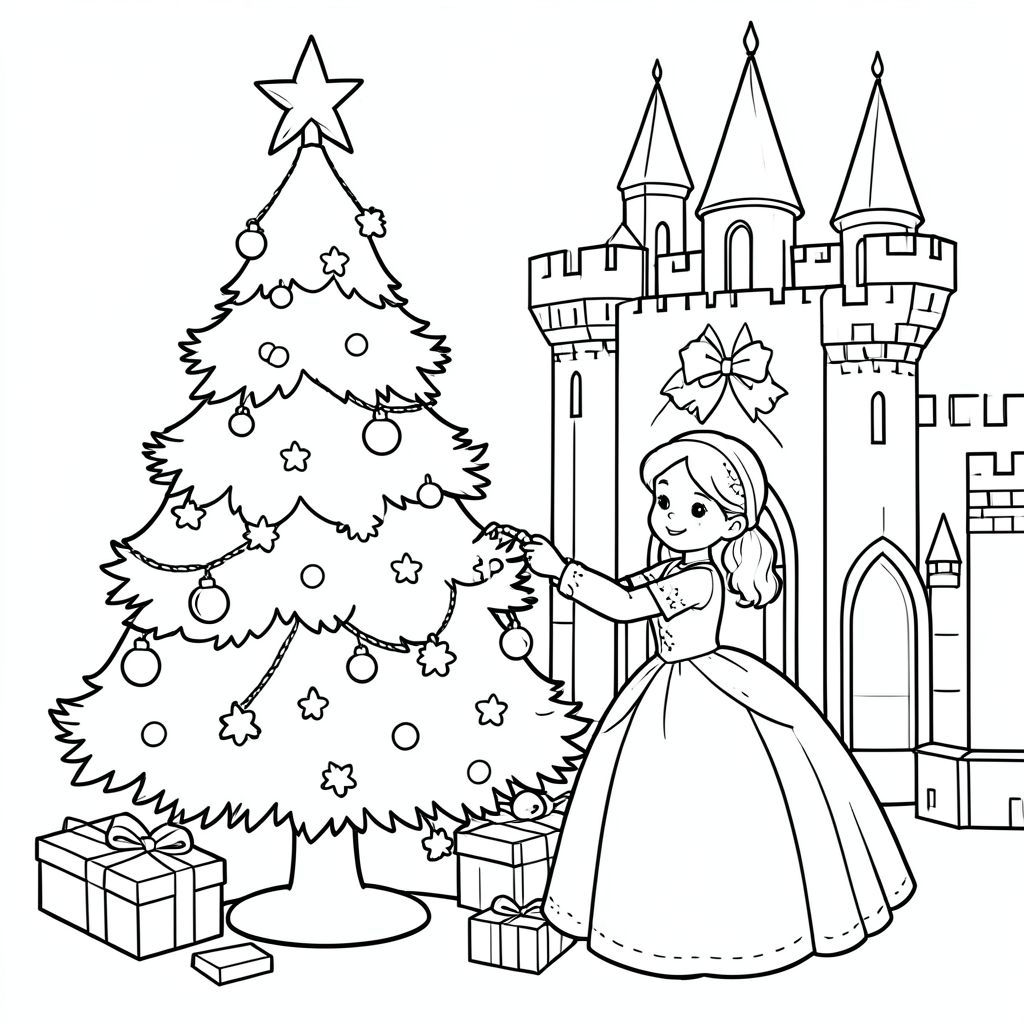 Princess decorating a Christmas tree in the castle.