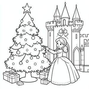 Princess decorating a Christmas tree in the castle.