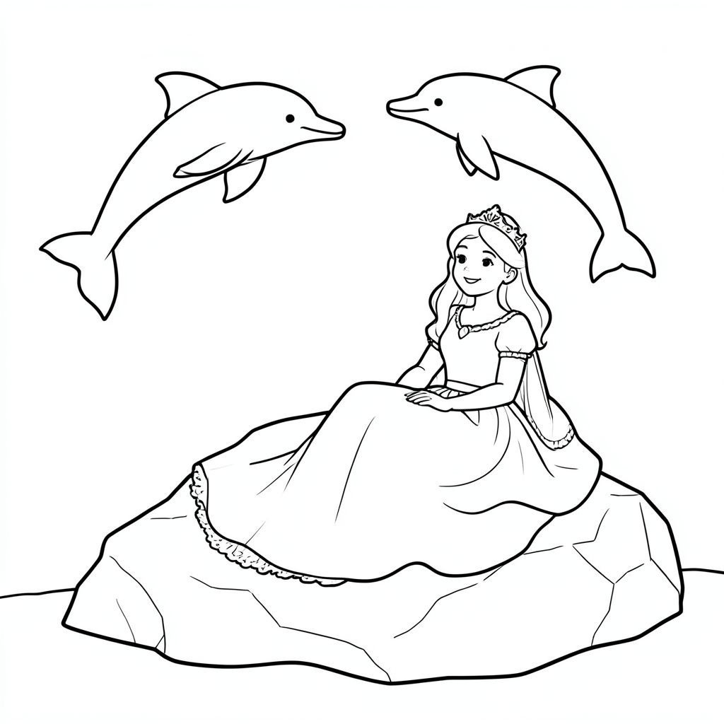 Princess sitting on a rock watching dolphins jump.
