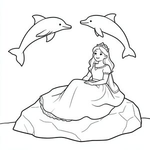 Princess sitting on a rock watching dolphins jump.