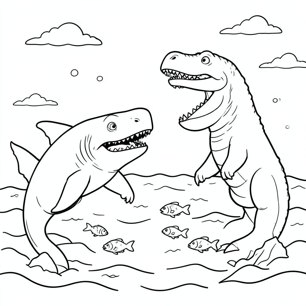 Megalodon and Mosasaurus facing each other in the ocean ready for a big battle, small fish swimming away in fear.