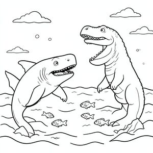 Megalodon and Mosasaurus facing each other in the ocean ready for a big battle, small fish swimming away in fear.