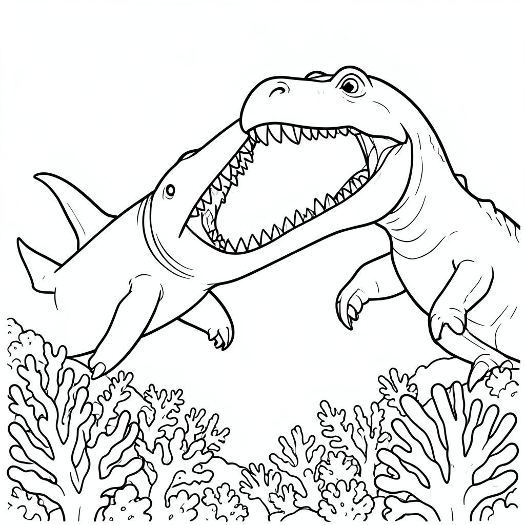 Megalodon biting while Mosasaurus blocks with its giant jaws, coral reef below.