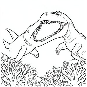 Megalodon biting while Mosasaurus blocks with its giant jaws, coral reef below.