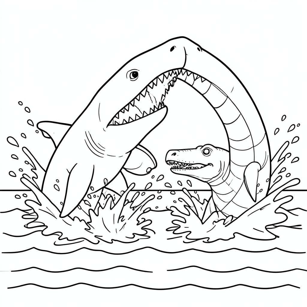 Megalodon and Mosasaurus splashing water as they crash together near the ocean surface.