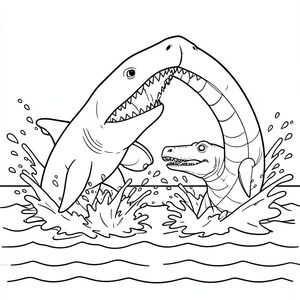 Megalodon and Mosasaurus splashing water as they crash together near the ocean surface.