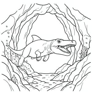 Mosasaurus chasing Megalodon through underwater rocks and caves.