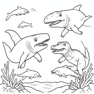 Megalodon and Mosasaurus fighting while dolphins swim away quickly in ocean