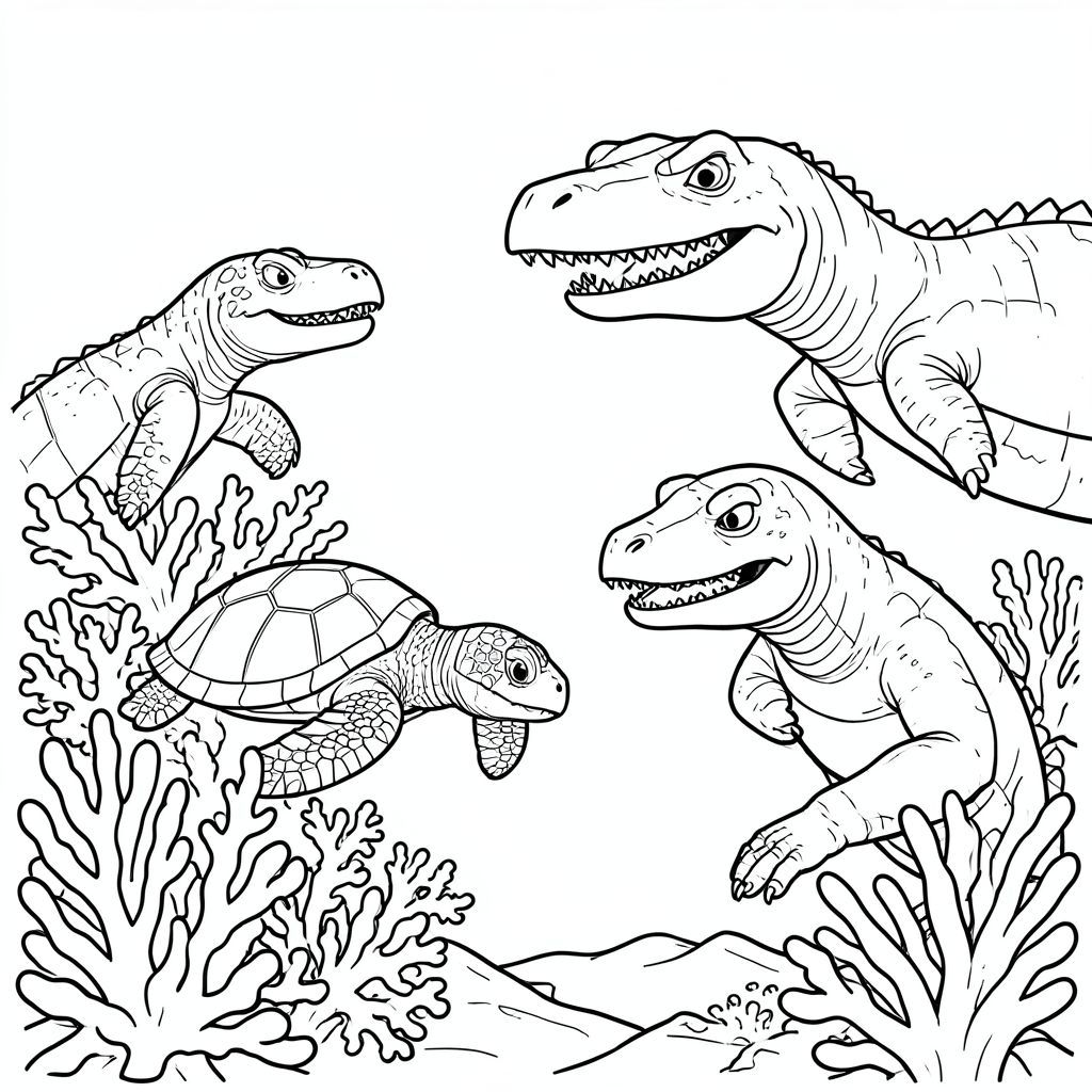 Sea turtles hiding behind coral as Megalodon and Mosasaurus battle nearby.