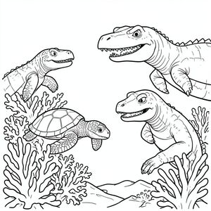 Sea turtles hiding behind coral as Megalodon and Mosasaurus battle nearby.