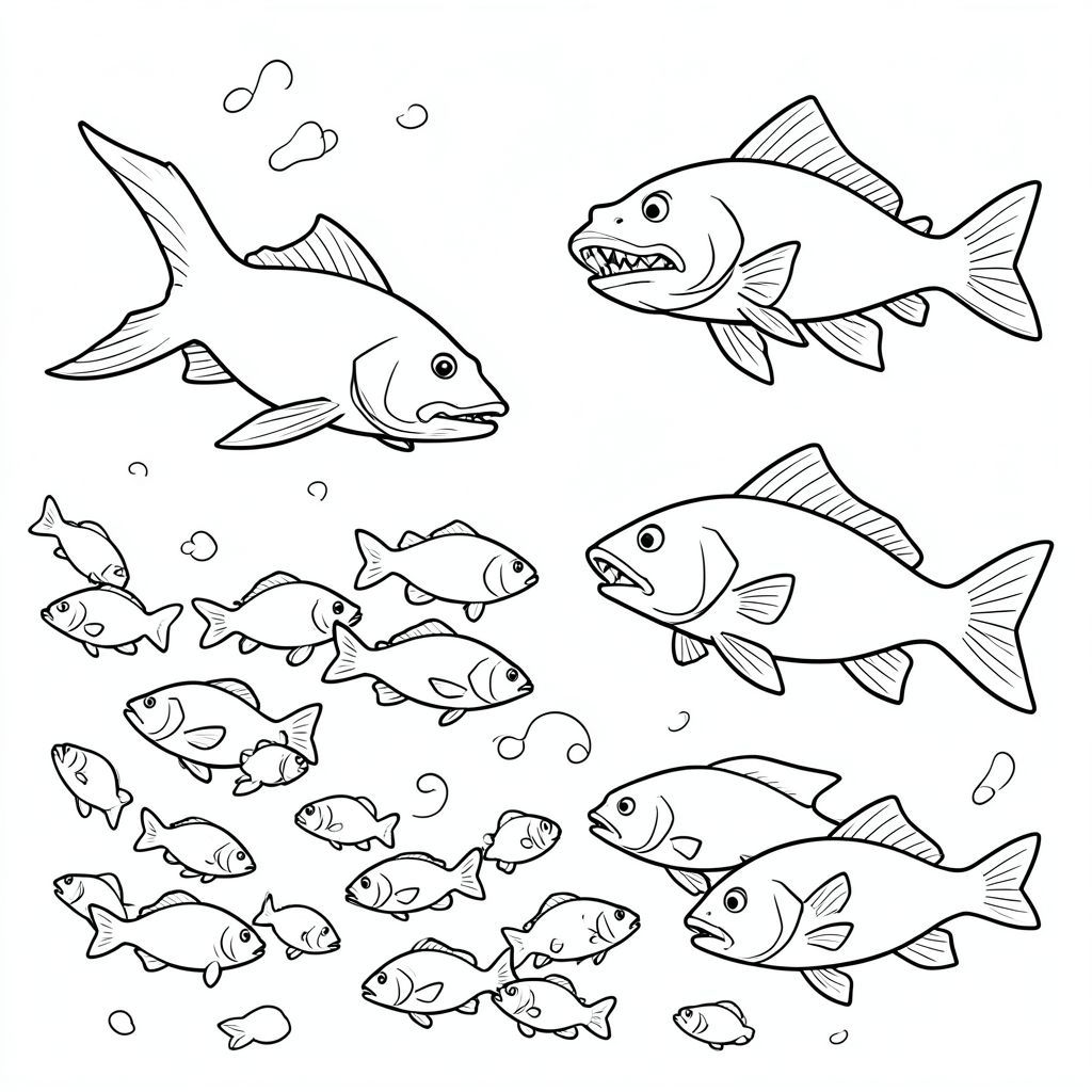 A school of fish scattering while the two giant predators swim past.