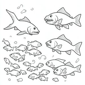 A school of fish scattering while the two giant predators swim past.