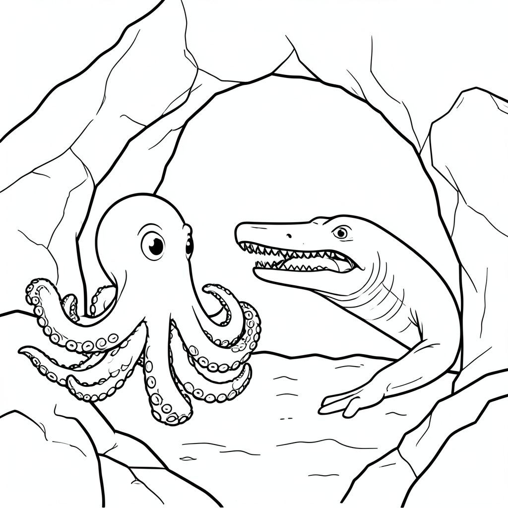 Octopus watching the megaladon and mosassuarus from a rock cave.