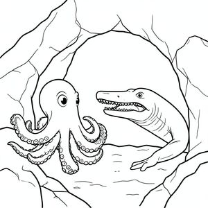 Octopus watching the megaladon and mosassuarus from a rock cave.