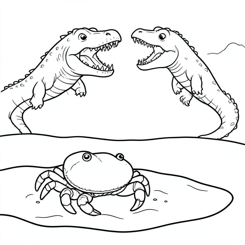 A crab hiding in sand while the battle between megaladon and mosasaurus happens above.