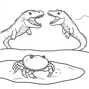 A crab hiding in sand while the battle between megaladon and mosasaurus happens above.