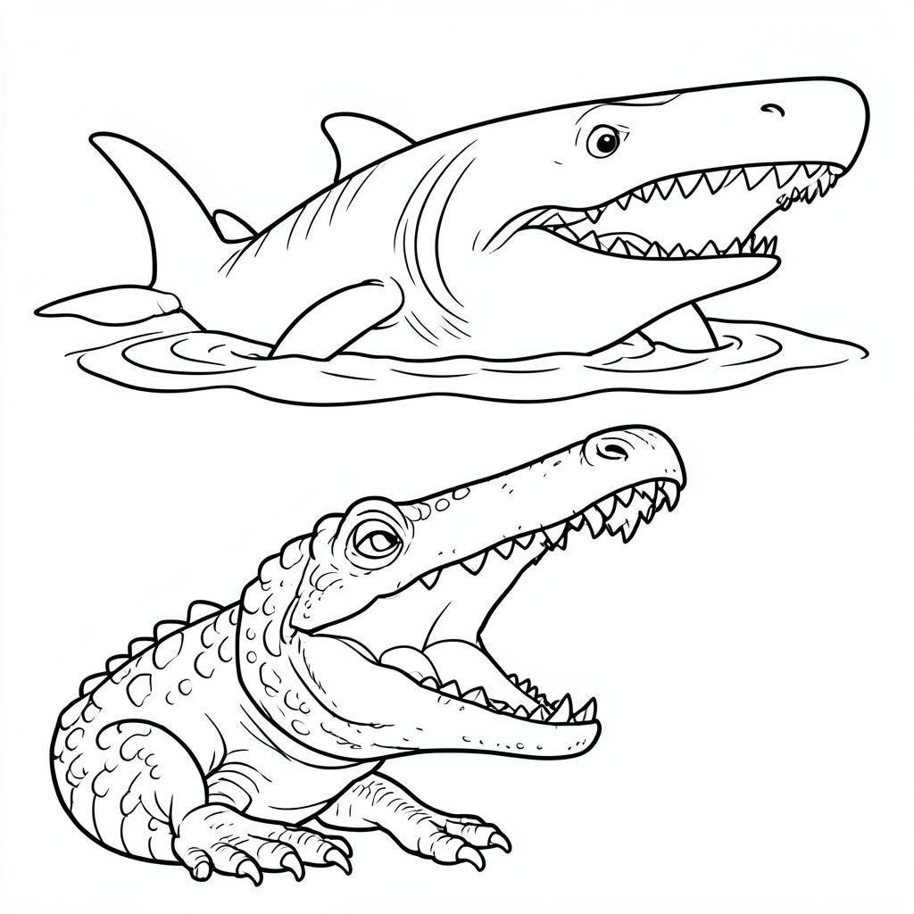 Megalodon jumping partly out of water while Mosasaurus roars below.