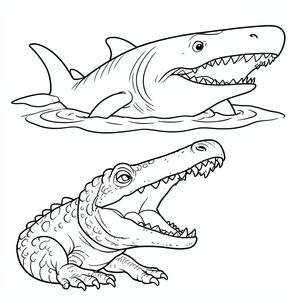 Megalodon jumping partly out of water while Mosasaurus roars below.