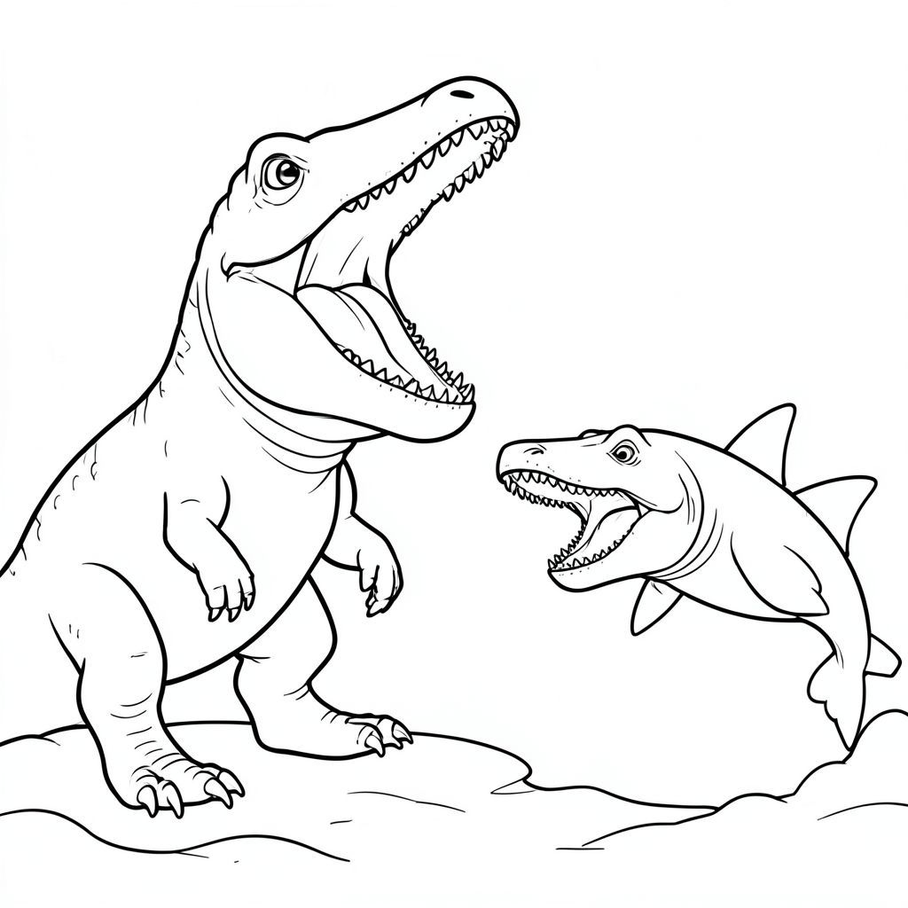 Mosasaurus opening its huge mouth while Megalodon swims toward it bravely.