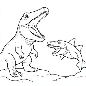 Mosasaurus opening its huge mouth while Megalodon swims toward it bravely.