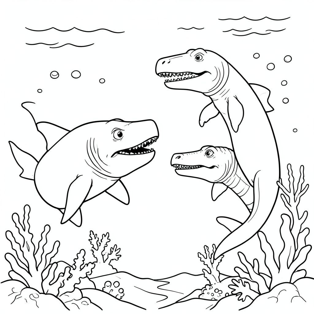 Megalodon and Mosasaurus circling each other in deep ocean water.