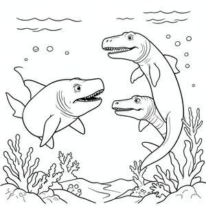 Megalodon and Mosasaurus circling each other in deep ocean water.