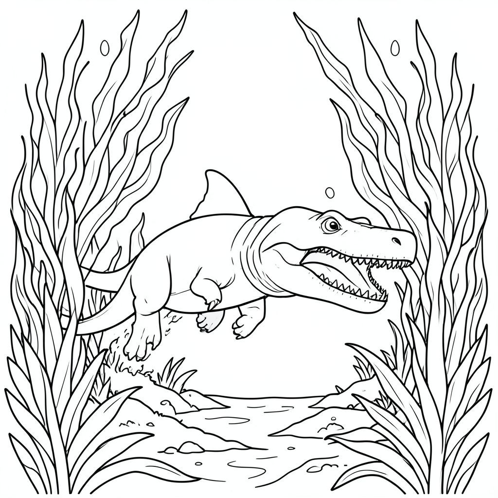 Mosasaurus chasing Megalodon through seaweed forest.