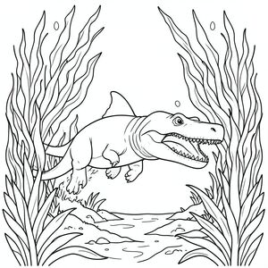 Mosasaurus chasing Megalodon through seaweed forest.