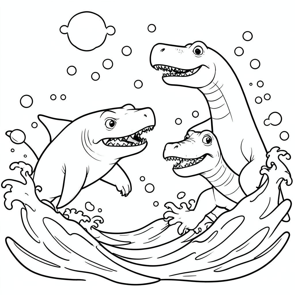 Megalodon and Mosasaurus creating big bubbles and waves during their fight.