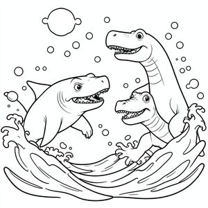 Megalodon and Mosasaurus creating big bubbles and waves during their fight.