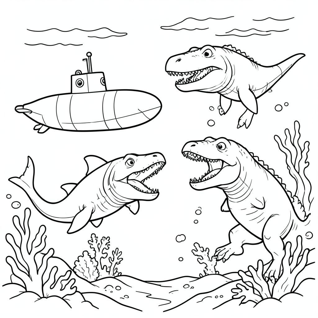 A submarine watching Megalodon and Mosasaurus fighting underwater.