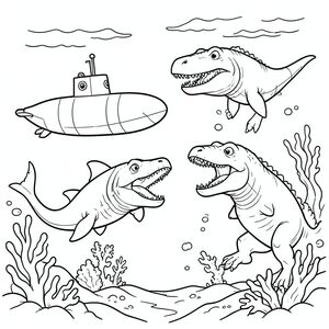 A submarine watching Megalodon and Mosasaurus fighting underwater.