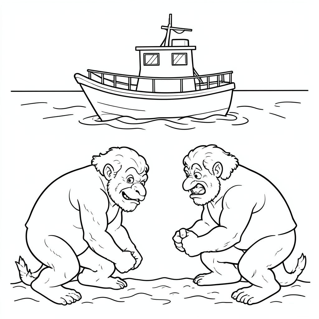 A small research boat above the water while the two giants battle below.