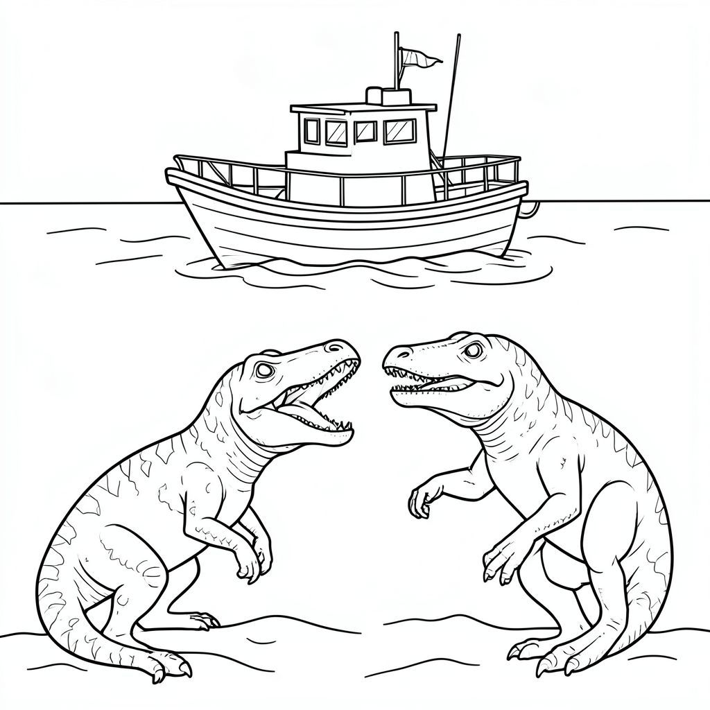 A small research boat above the water while the two mosasaurus and megaladon battle below.