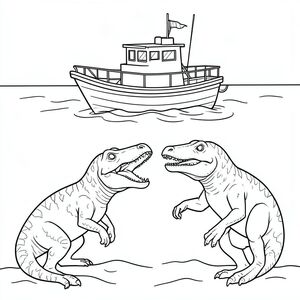 A small research boat above the water while the two mosasaurus and megaladon battle below.