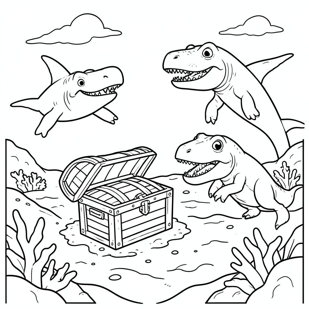 A treasure chest on the ocean floor while Megalodon and Mosasaurus swim nearby.