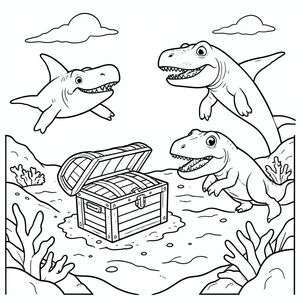 A treasure chest on the ocean floor while Megalodon and Mosasaurus swim nearby.