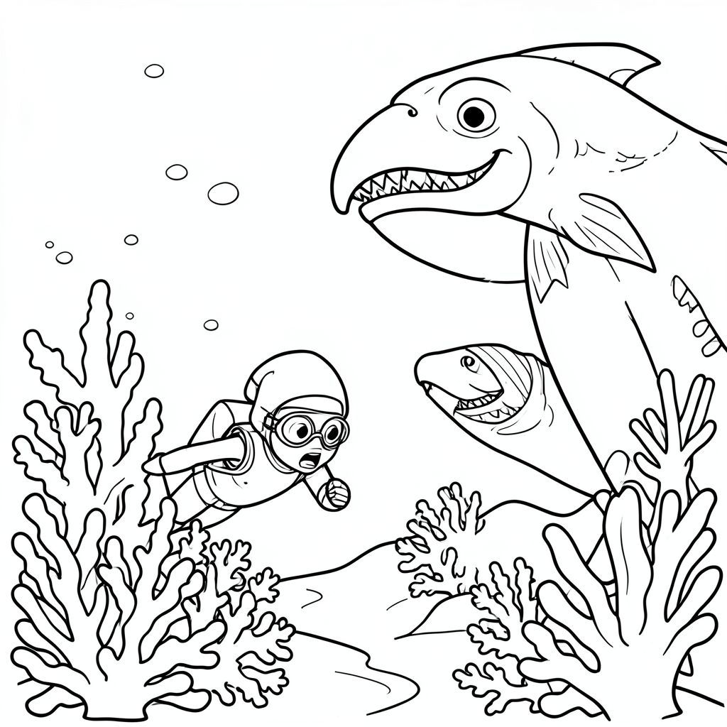 A diver hiding behind coral watching the giant sea creatures.